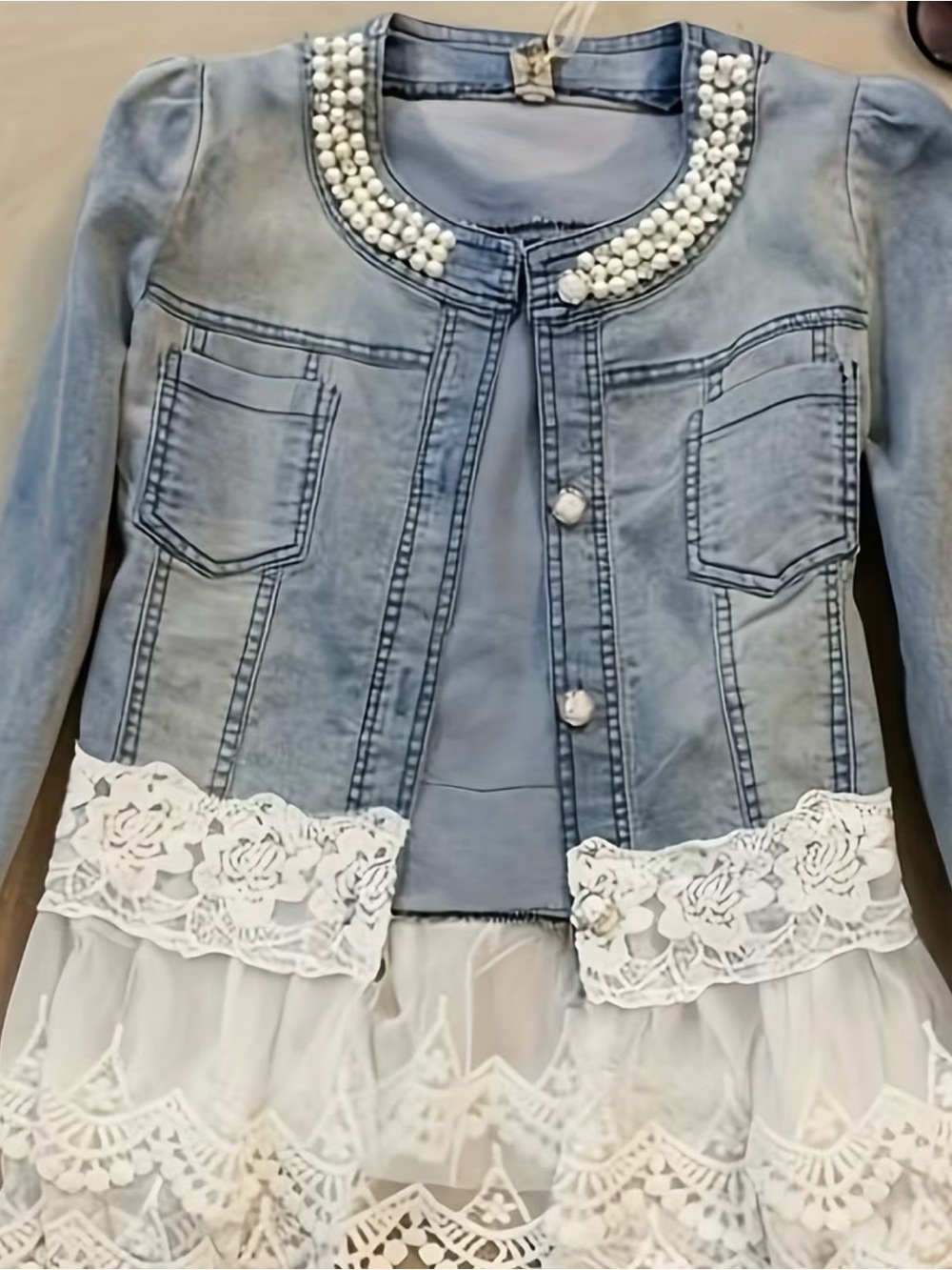 Chiffon Jacket with Faux-Pearl Trim & Lace Hem